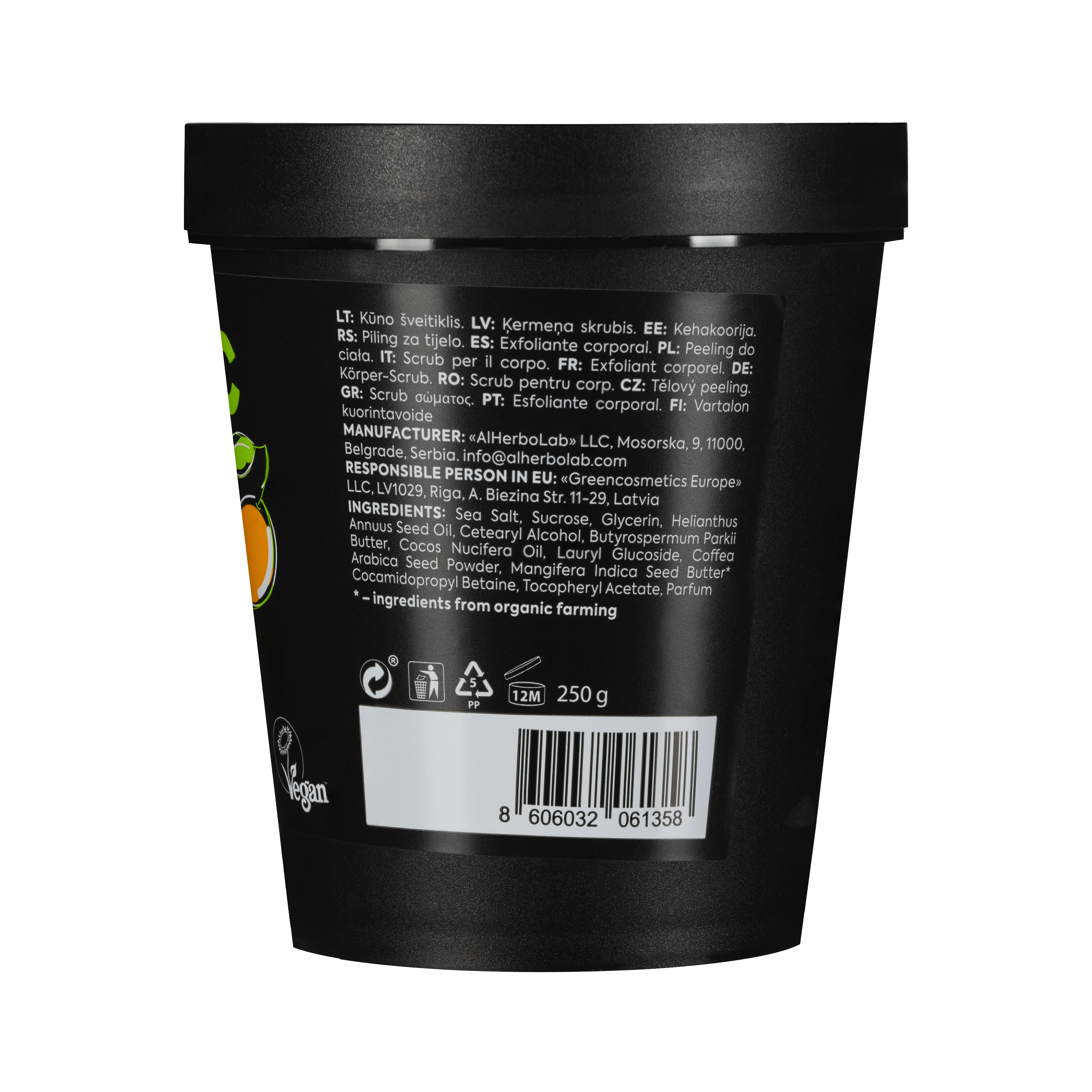 Organic Mimi Lifting Mango & Coffee Body Scrub 250g back label with ingredients, vegan formula, organic mango butter, coffee, sugar, sea salt and coconut oil for exfoliating, smoothing and moisturizing skin