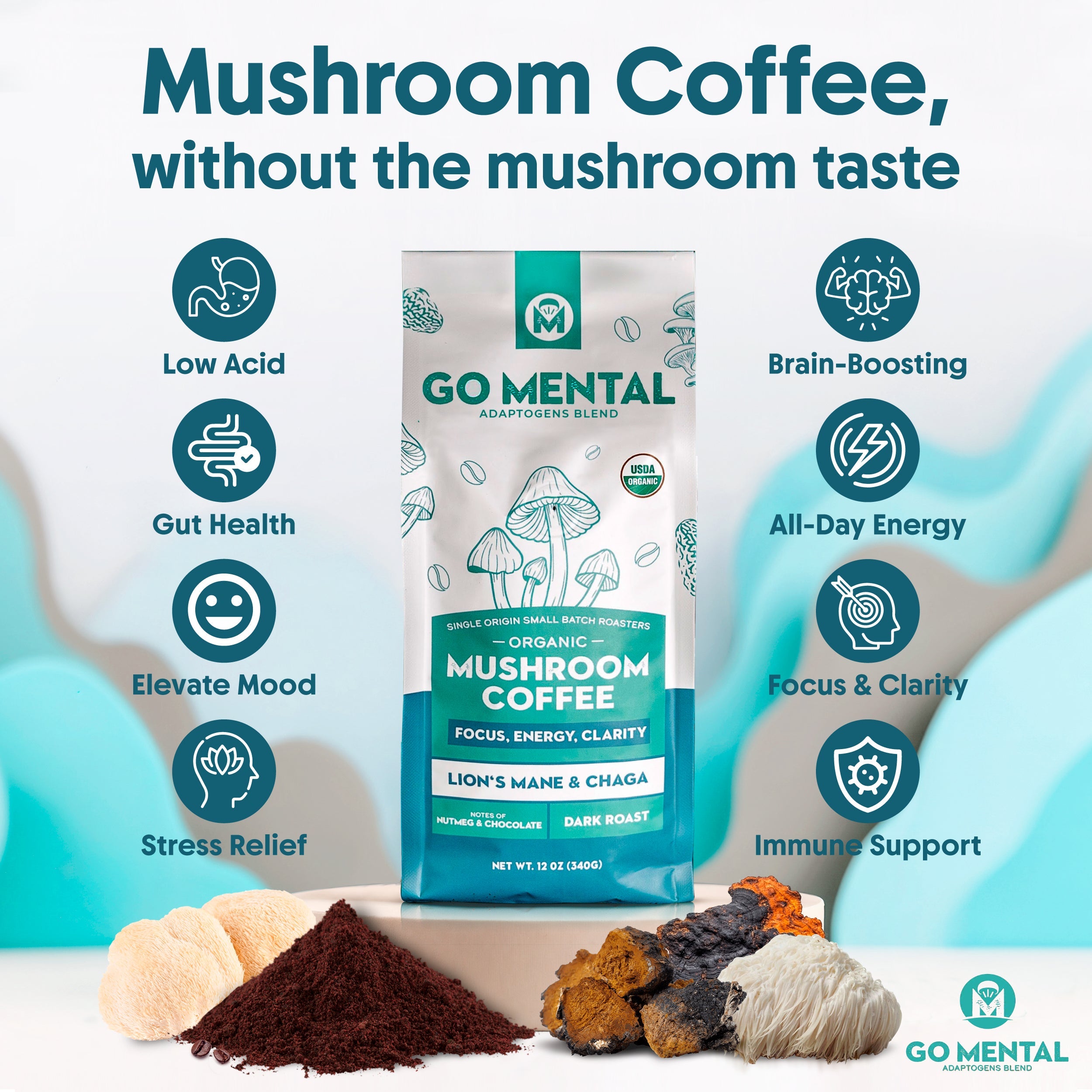 GO MENTAL Mushroom Coffee package with health benefits listed on a light blue background. Mushroom Coffee: Low Acid, Brain-Boosting, Gut Health, All-Day Energy, Elevate Mood, Focus & Clarity, Stress Relief, Immune Support