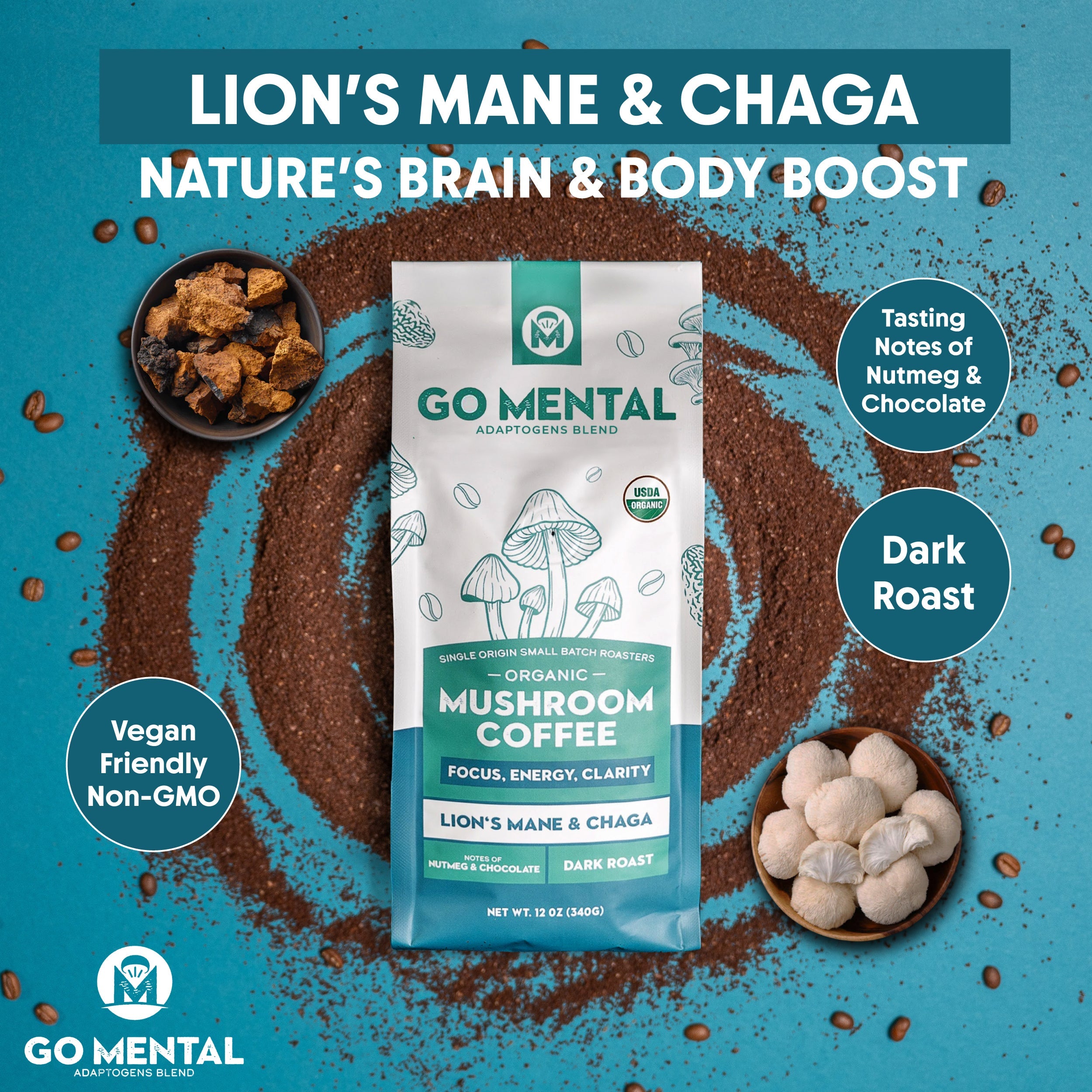 Go Mental Mushroom Coffee package with lion's mane and chaga on a blue background. Tasting Notes of Nutmeg & Chocolate, Dark Roast, and Vegan Friendly Non-GMO. Organic Mushroom Coffee for focus, energy, clarity: Lion's Mane & Chaga.
