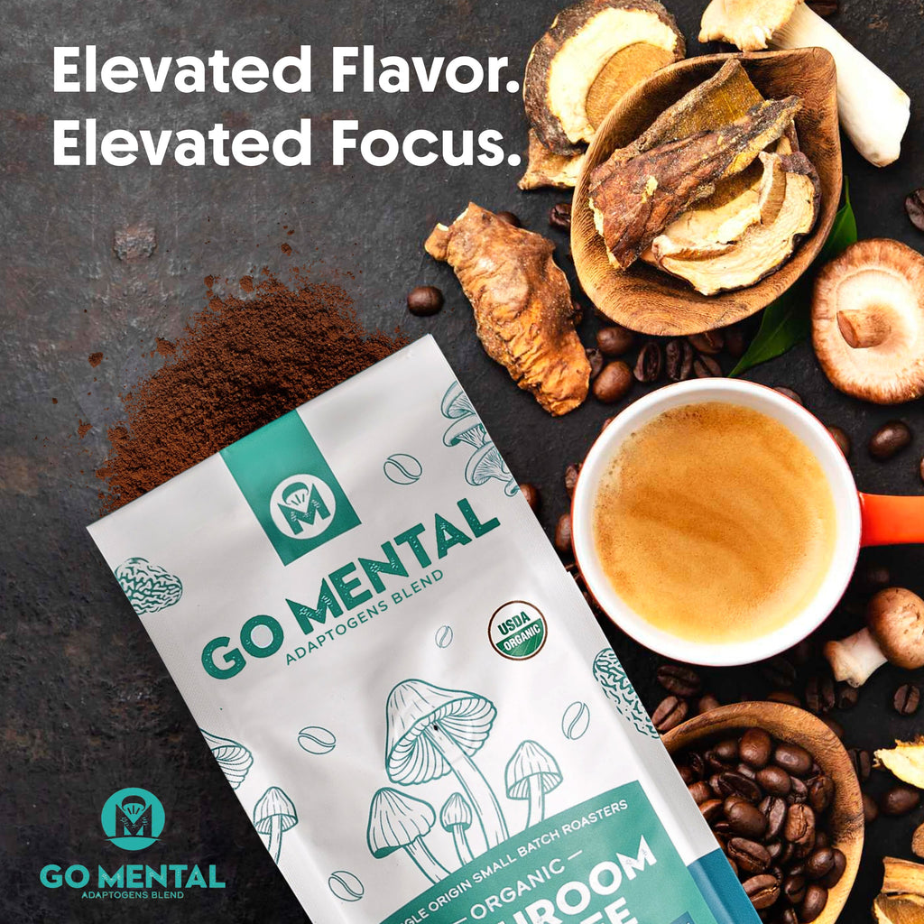 Go Mental Adaptogens Blend packaging with a cup of coffee and mushrooms on a dark surface.