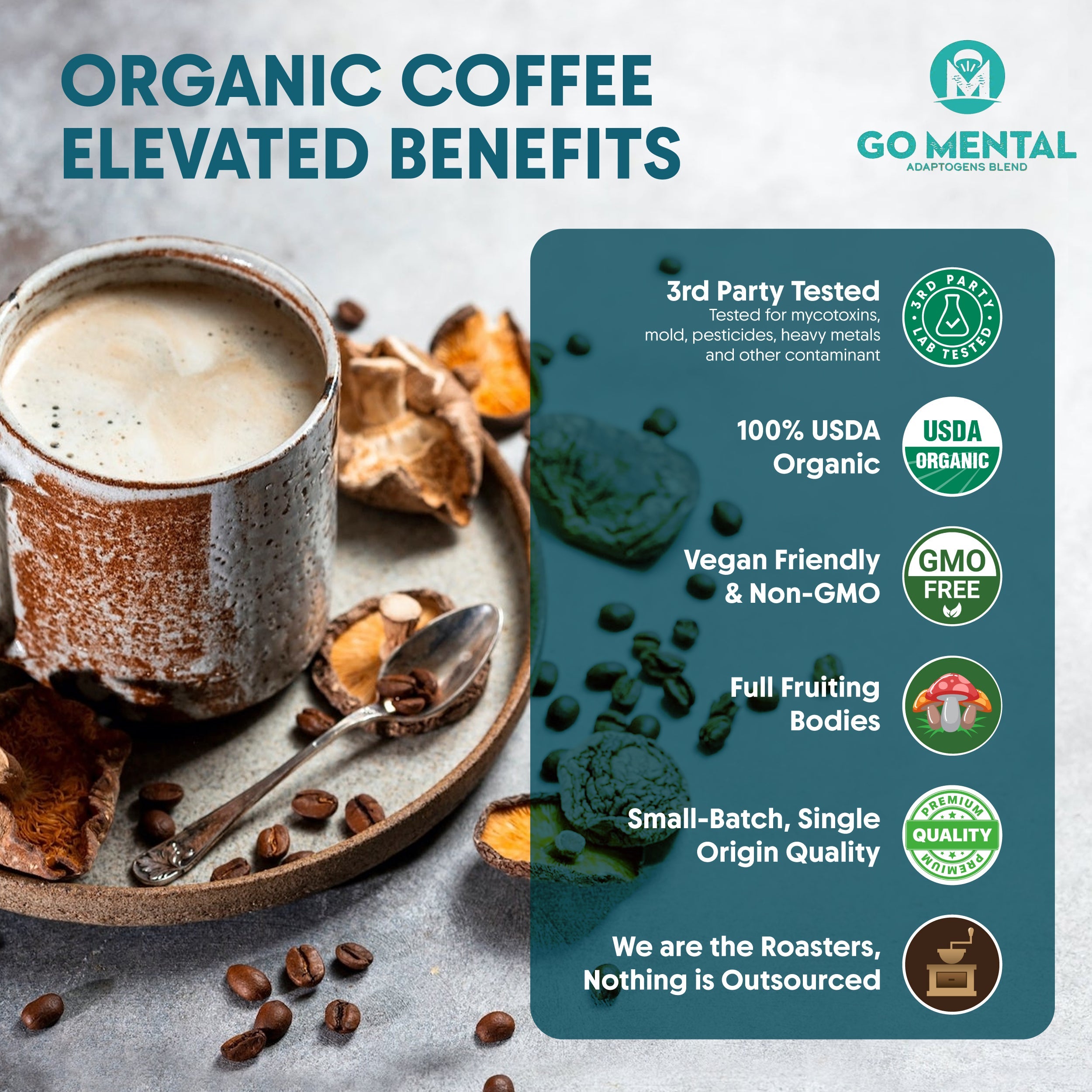 Organic coffee withGO MENTAL branding and product features on a gray background. 100% USDA Organic Mushroom Coffee, 3rd Party Tested for mycotoxins, mold, pesticides, heavy metals, and other contaminant, Vegan Friendly & Non-GMO, Full Fruiting Bodies, Small-Batch, Single Origin Quality, We are the Roasters, Nothing is Outsourced.
