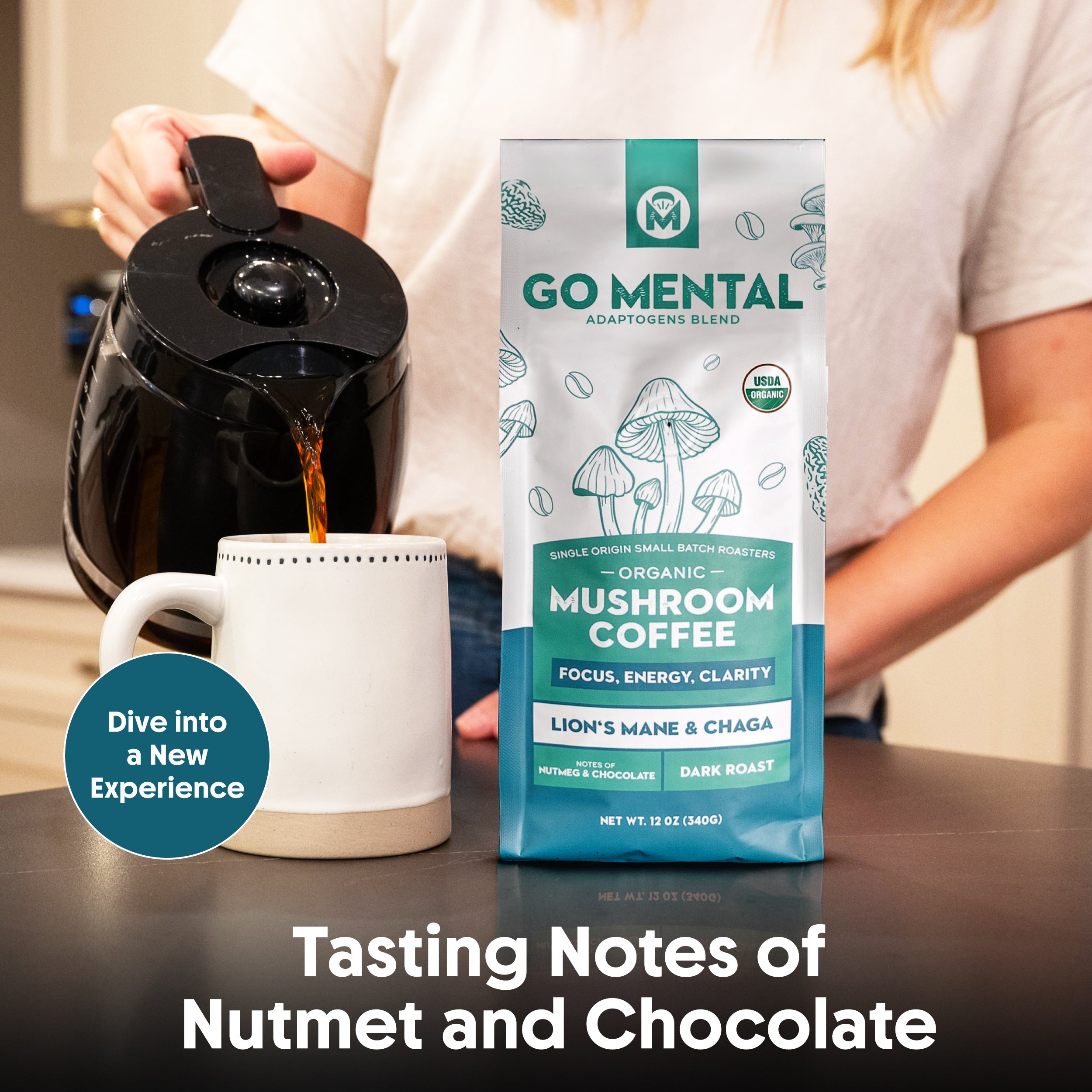 Person pouring coffee from a black coffee maker into a white mug with a 'GO MENTAL' mushroom coffee package in the foreground.
