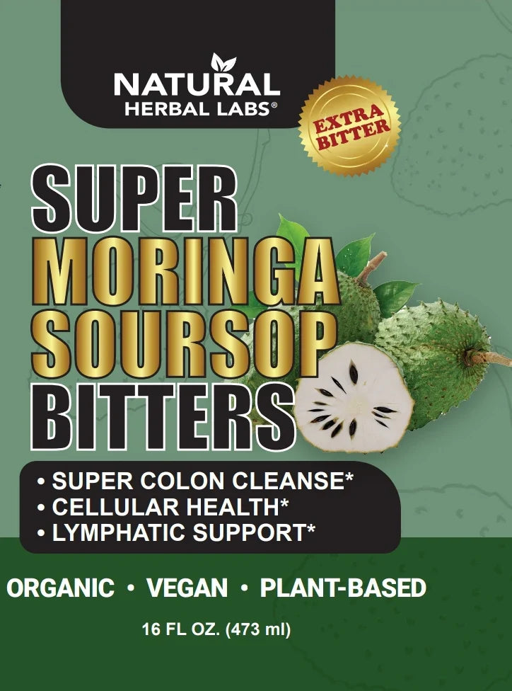 Super Moringa Soursop Bitters product packaging with Natural Herbal Labs branding on a green background. Organic Moringa + Soursop Liquid – Immune, Detox & Cell Support 16 FL OZ. (473 mL)