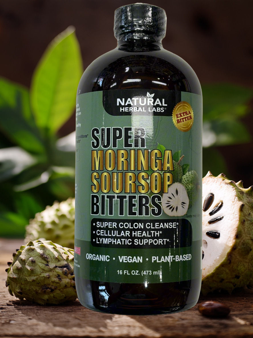 Bottle of Super Moringa Soursop Bitters from Natural Herbal Labs with soursop fruit in the background. 16 FL OZ. (473 mL)