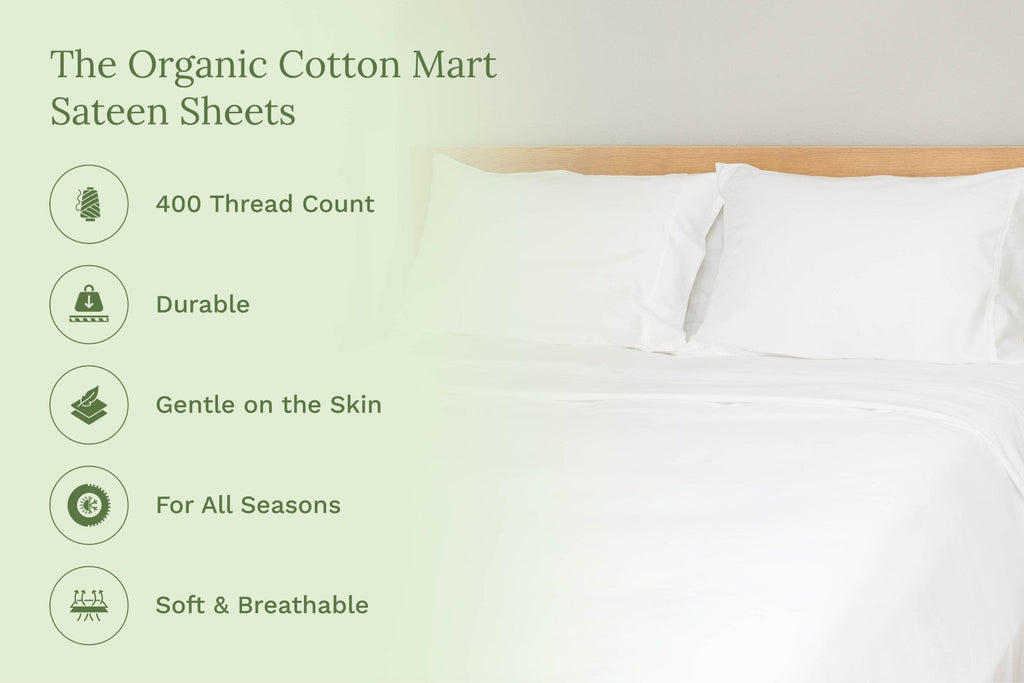 Bed with white sheets and pillows, featuring text about The Organic Cotton Mart Sateen Sheets. Organic Sateen Bed Sheets Set