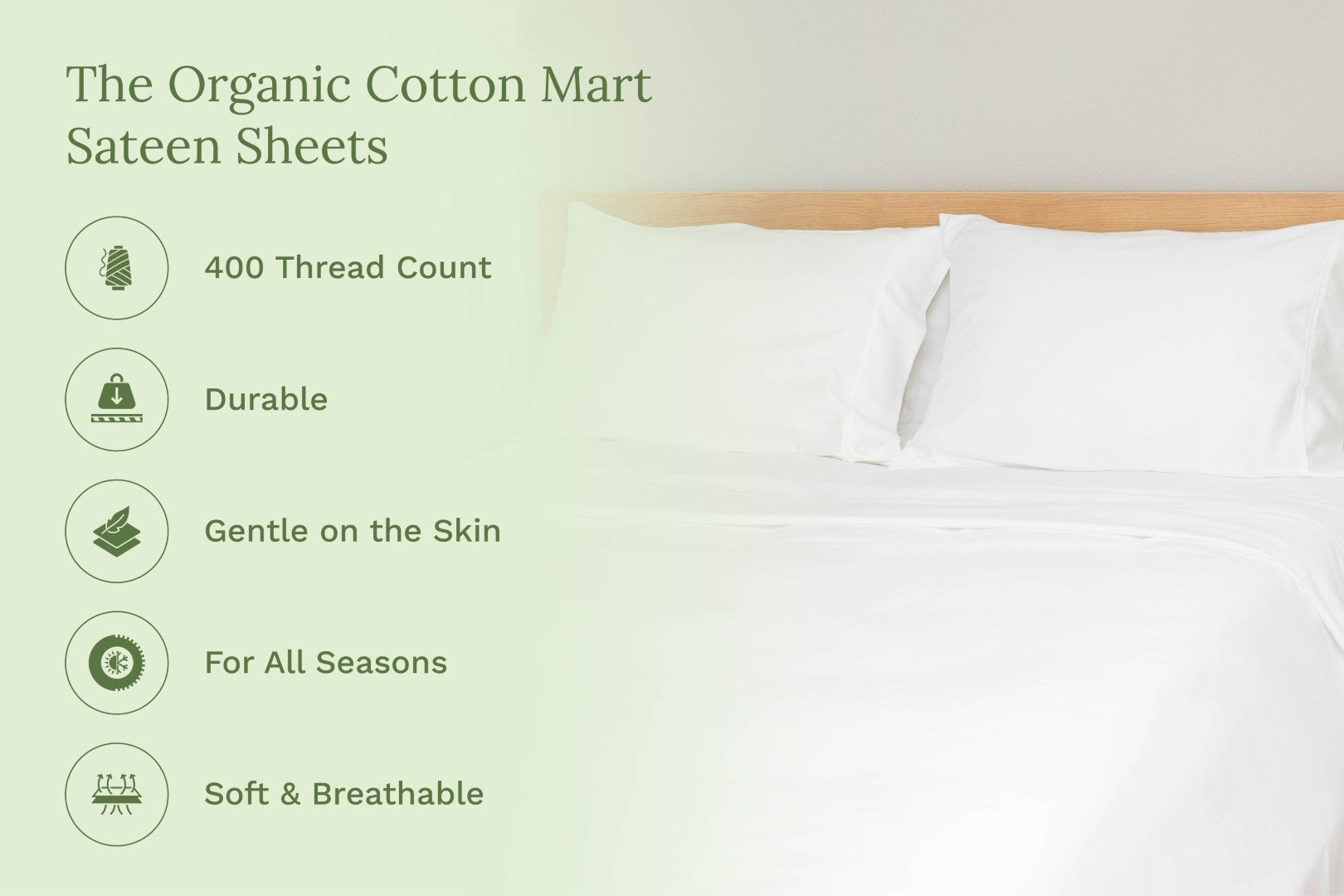Bed with white sheets and pillows, featuring text about The Organic Cotton Mart Sateen Sheets. Organic Sateen Bed Sheets Set