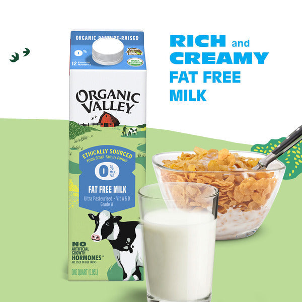 Organic Valley USDA Organic Fat Free Skim Milk carton with a glass of milk and a bowl of cereal, highlighting rich and creamy fat-free milk made from pasture-raised organic dairy with vitamins A and D.