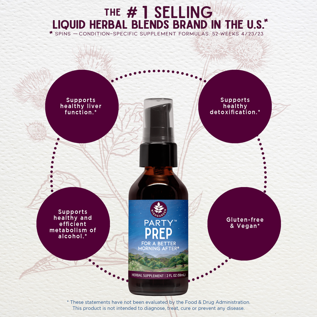 Party Prep supplement bottle with purple circles and text on a light background