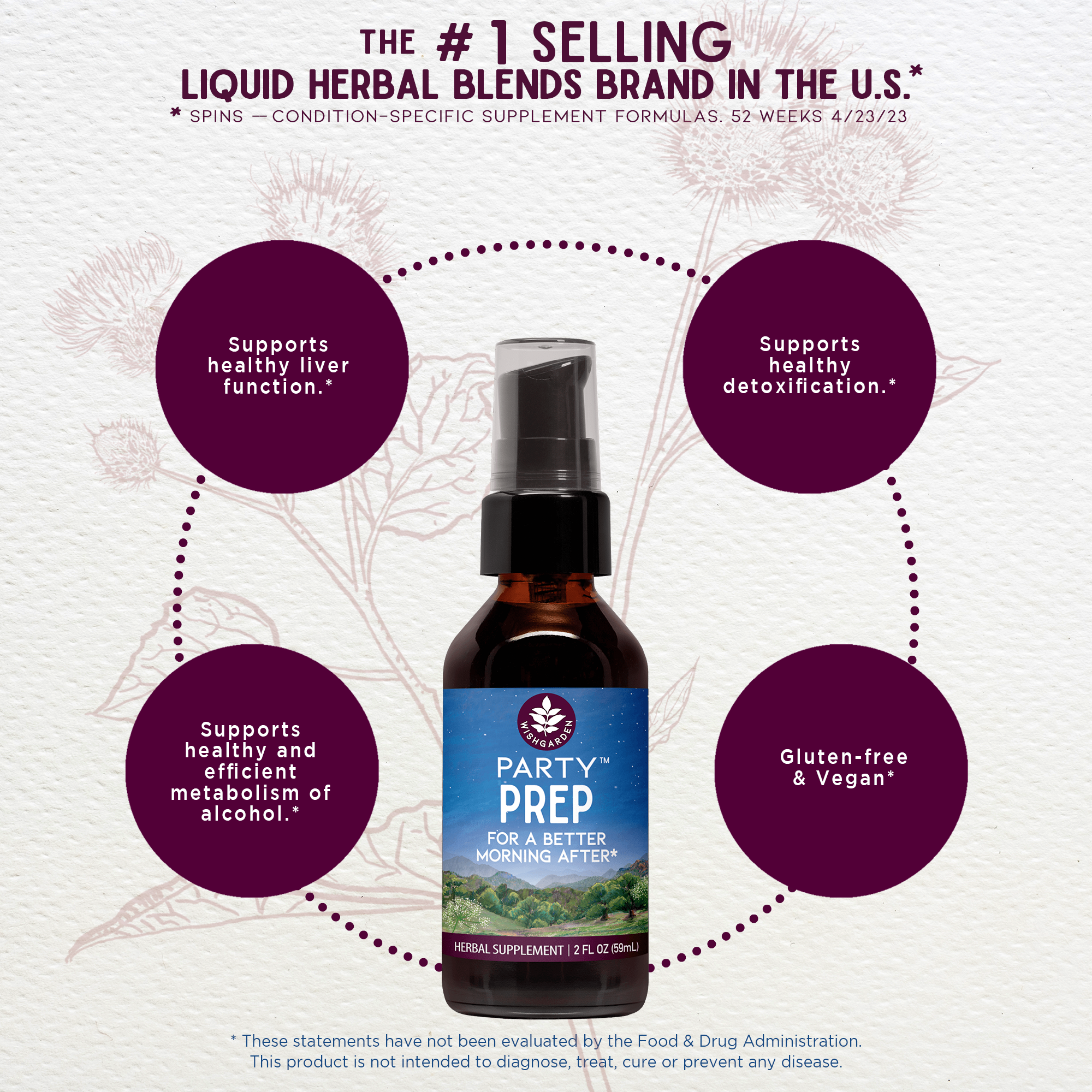 Party Prep supplement bottle with purple circles and text on a light background