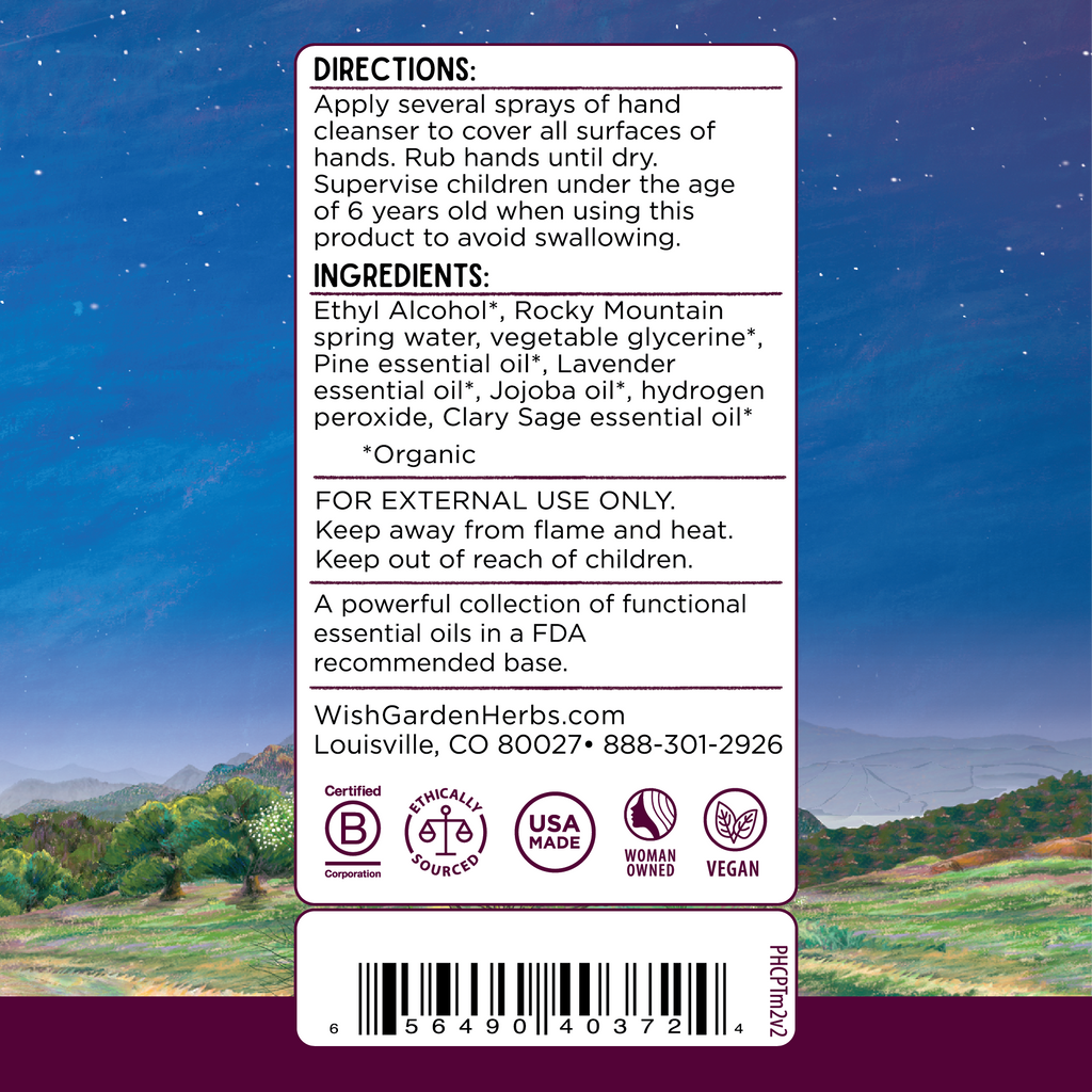 Product label with directions and ingredients on a scenic background