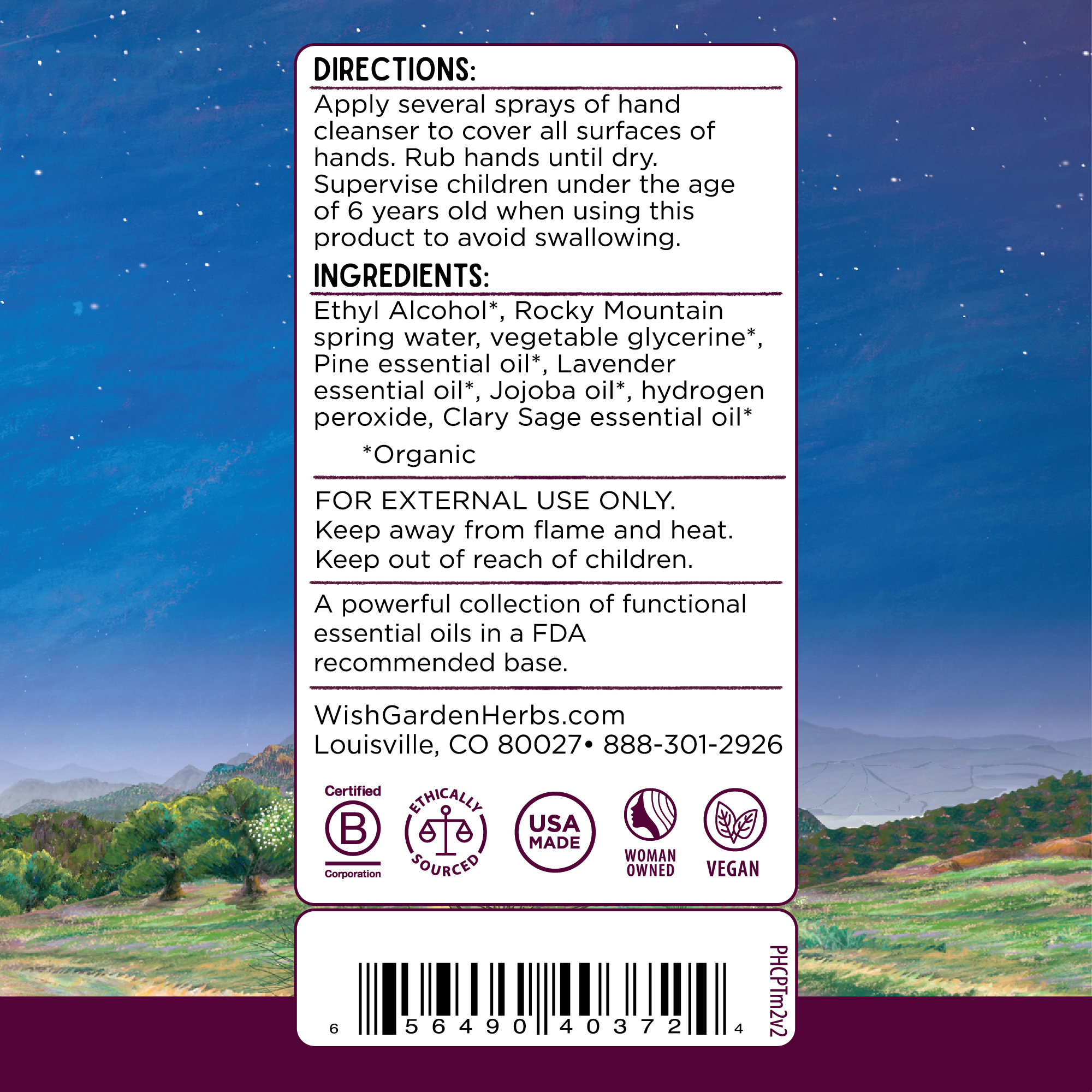 Product label with directions and ingredients on a scenic background