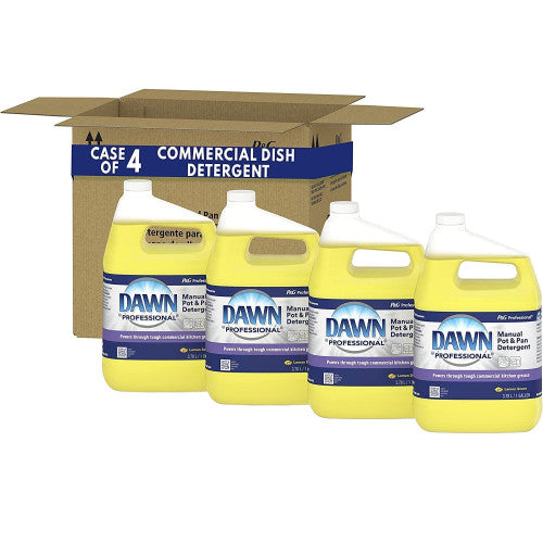 Case of four bottles of Dawn Professional dish detergent with a cardboard box on a white background.