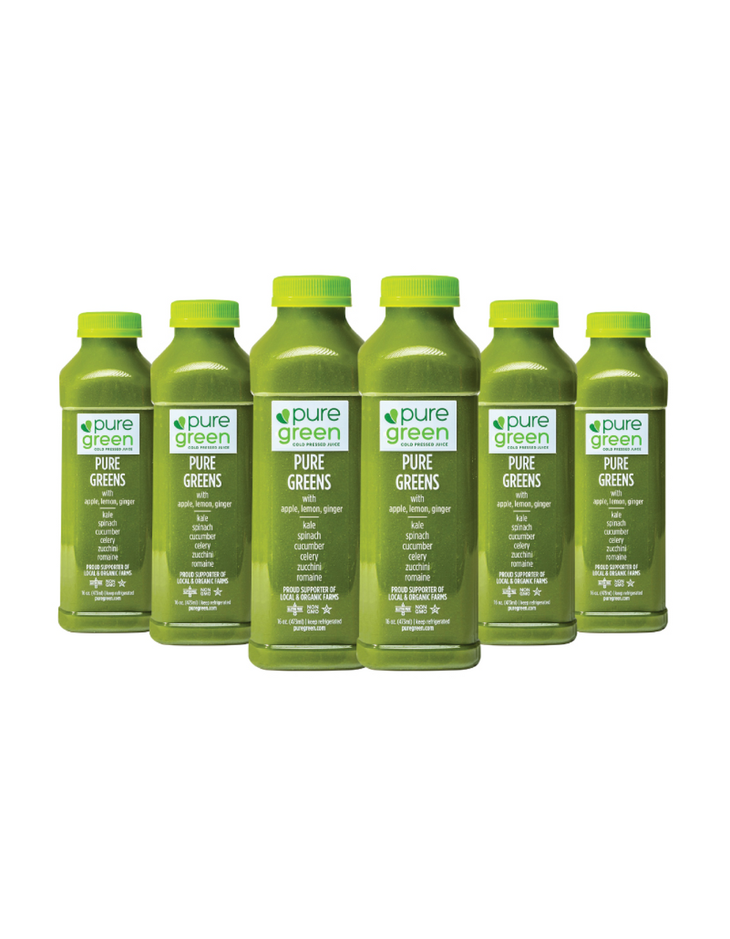  eight bottles of pure green juice on a white background. PURE GREENS ALG: Cold-Pressed NON-GMO Juice Drink with with Apple, Lemon, Ginger, Kale, Spinach, Cucumber, Celery, Zucchini and Romaine, No Added Sugar, Gluten-Free