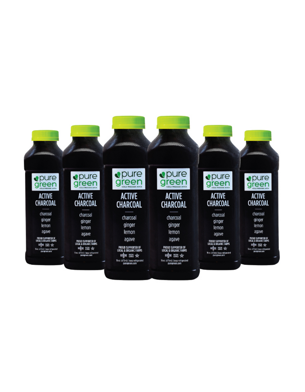 Six bottles of pure green Active Charcoal on a white background. Pure Green COLD Pressed Juice. Ingredients include: Activated Charcoal, Ginger, Lemon and Agave. Kosher, NON-GMO and Gluten Free Juice Drink.