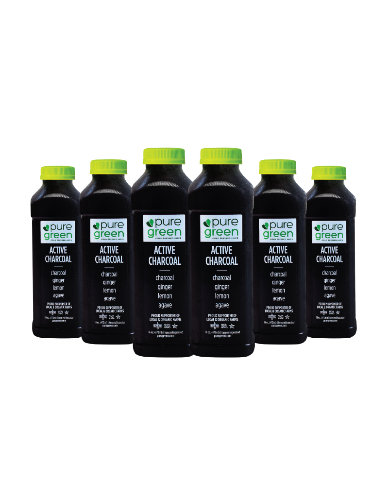 Six bottles of pure green Active Charcoal on a white background. Pure Green COLD Pressed Juice. Ingredients include: Activated Charcoal, Ginger, Lemon and Agave. Kosher, NON-GMO and Gluten Free Juice Drink.