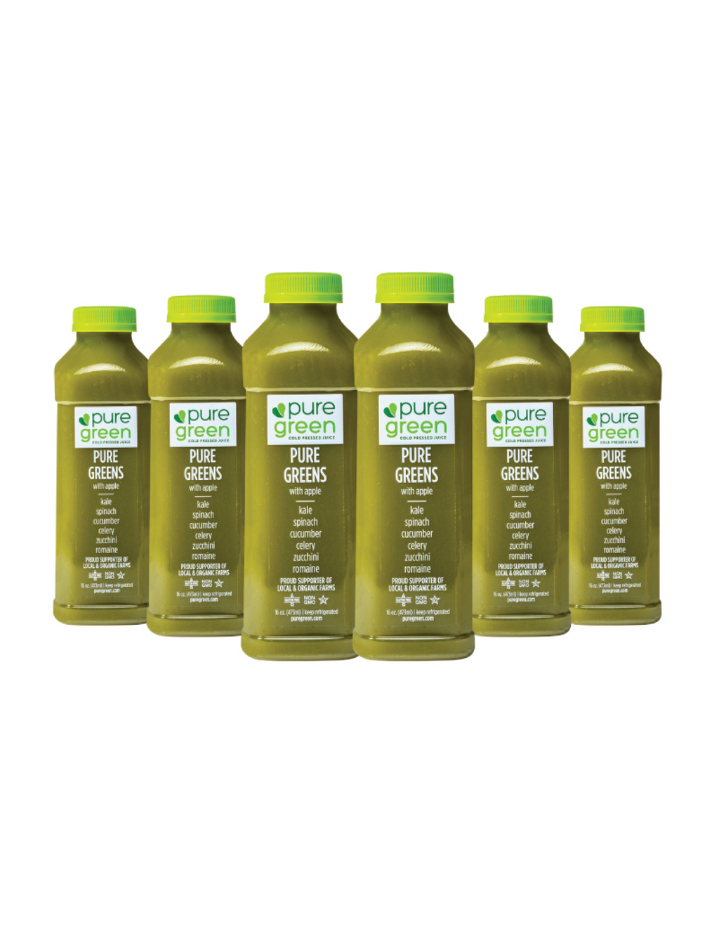 Set of six bottles of pure green juice on a white background. PURE GREENS APPLE: Cold-Pressed NON-GMO Juice Drink with with Cucumber, Apple, Celery, Spinach, Ginger, Kale, Apple Cider, Vinegar, Spirulinal, Mint, No Added Sugar, Gluten-Free
