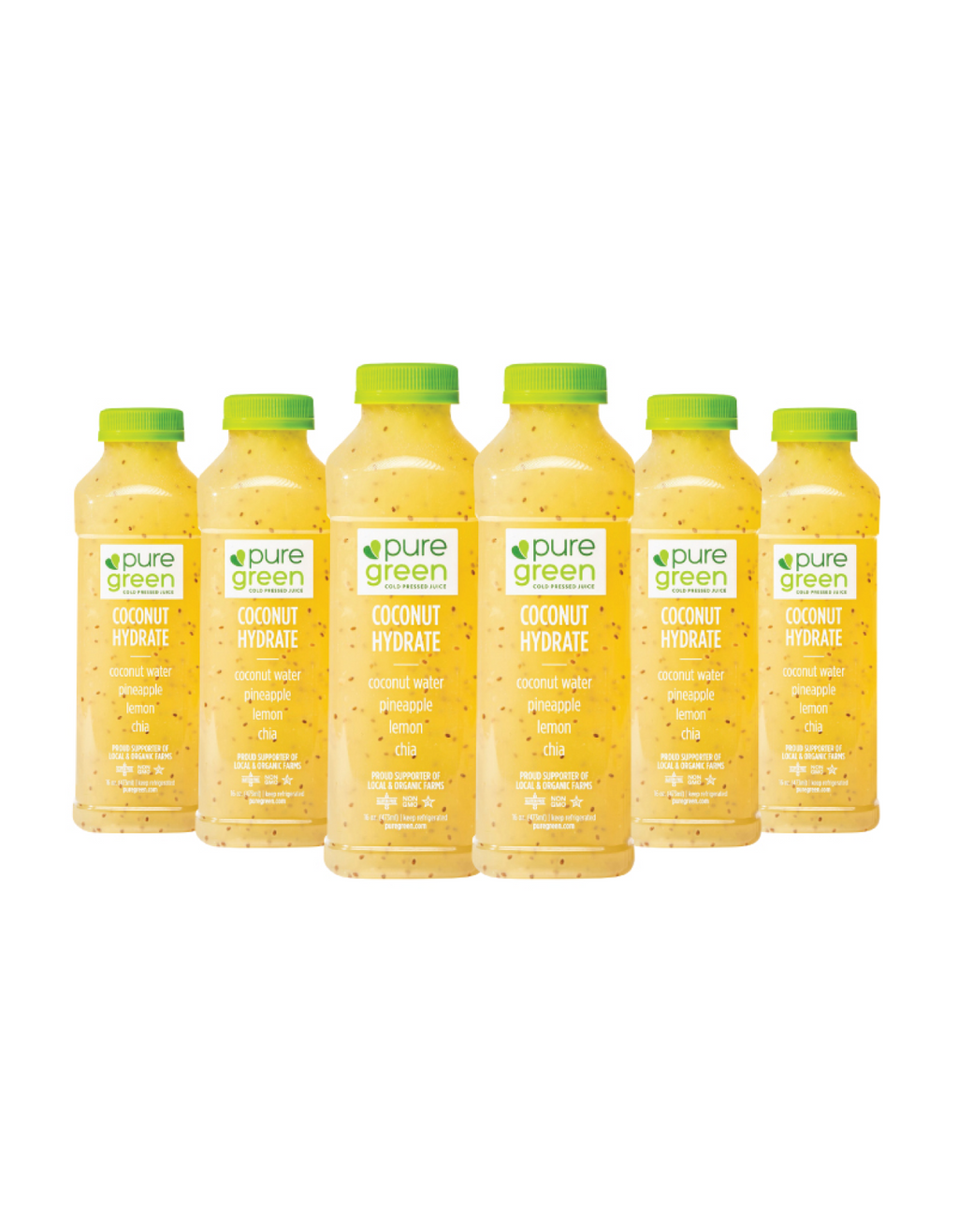Six bottles of pure green coconut water on a white background. PURE GREEN COCONUT HYDRATE  Cold-Pressed NON-GMO Juice Drink with Coconut Water, Pineapple, Lemon and Chia, No Added Sugar, Gluten-Free