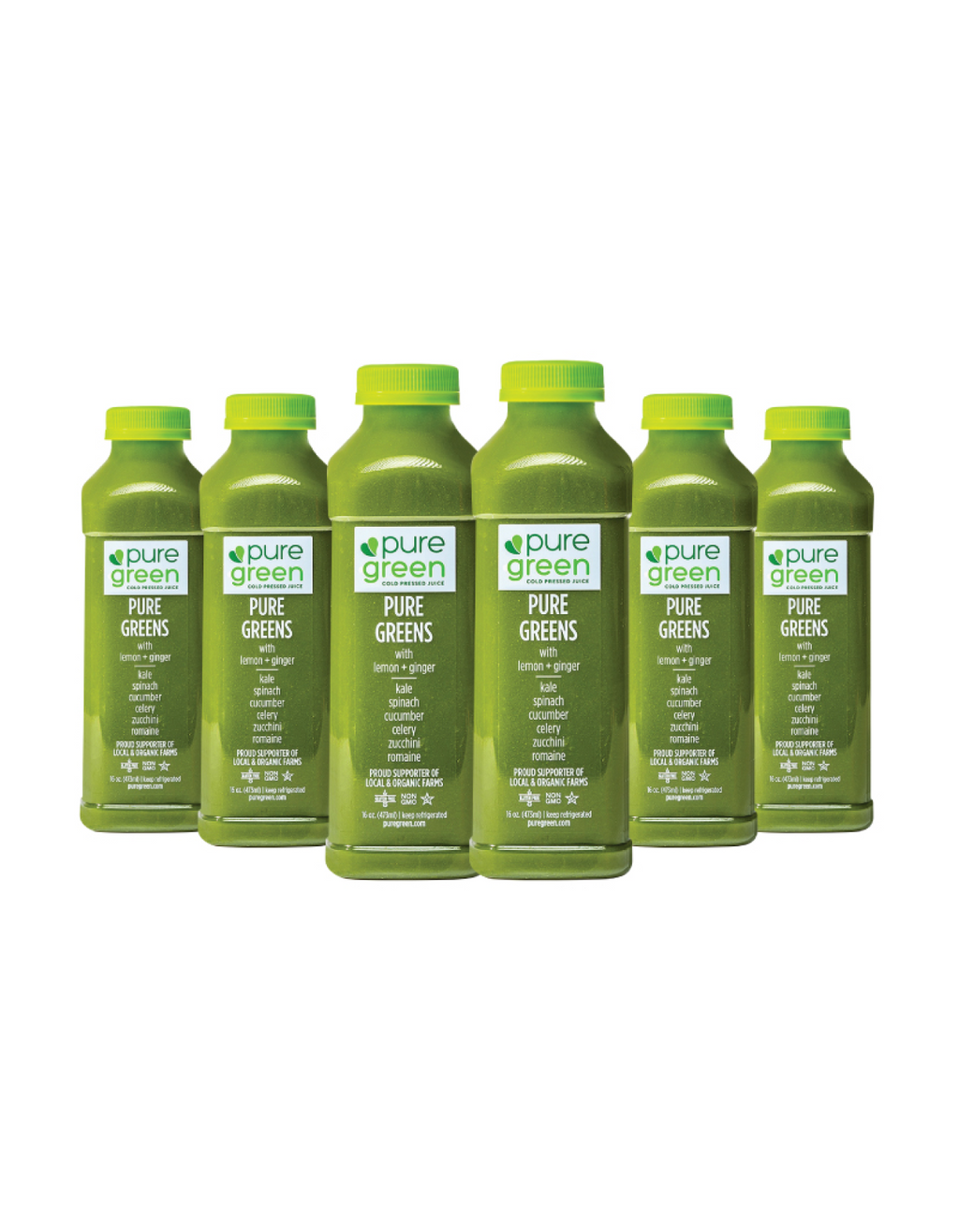 Set of six bottles of pure greens juice on a white background. Pure Greens with lemon, ginger, kale, spinach, cucumber, celery, zucchini, and romaine. This company is a proud supporter of local and organic farms. PURE GREENS LG Pure Greens Cold-Pressed Juice Drink with Lemon, Ginger, Kale, Spinach, Cucumber, Celery, Zucchini, and Romaine.