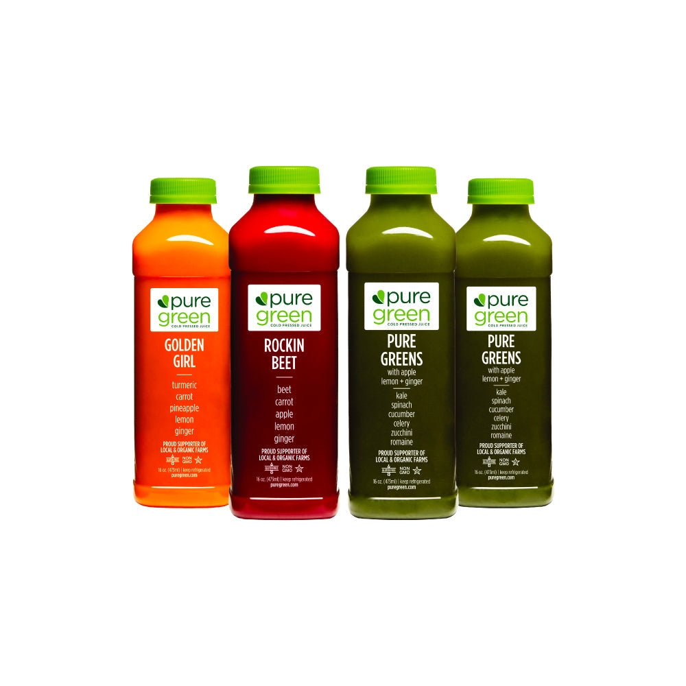Four bottles of pure green juice with different flavors on a white background. Pure Green Juice 'Til Dinner, Cold Pressed Juice Drink 4pk: NON-GMO, No Added Sugar, Gluten Free Juice Drink