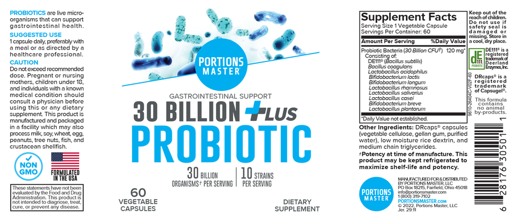 Portions Master 30 Billion Probiotic Plus Gastrointestinal Support (60 Count)