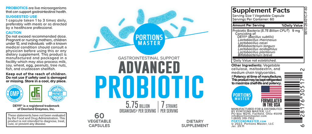 Portions Master Advanced Probiotic 5.75 Billion Gastrointestinal Support (60 Count)