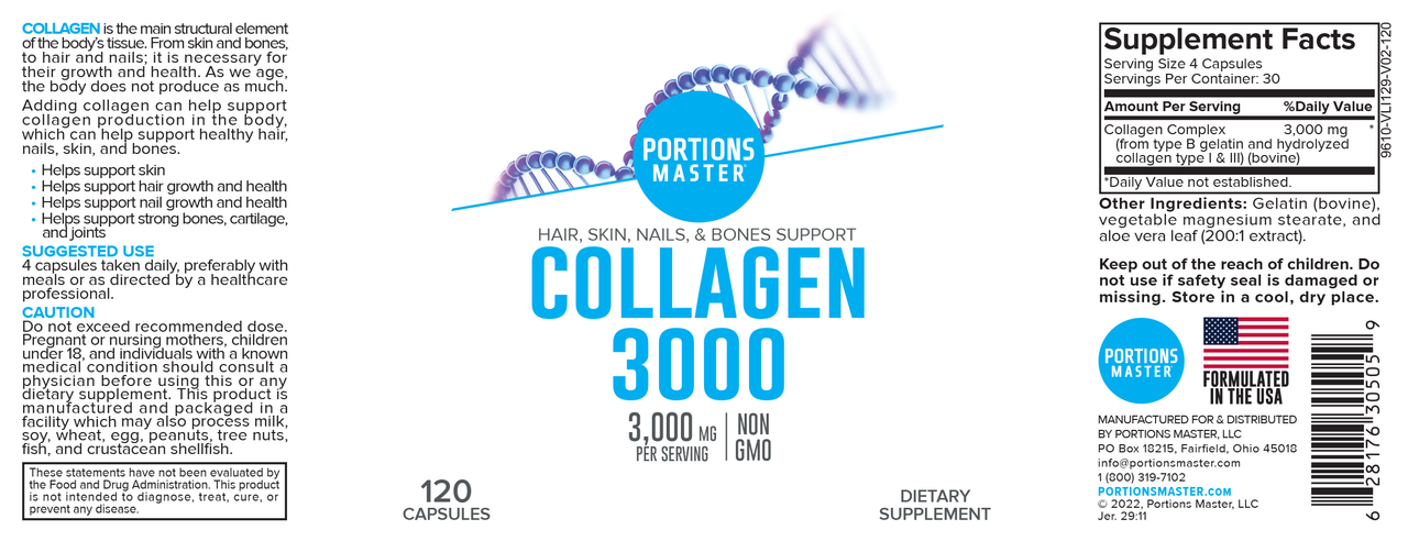 Portions Master Collagen 3000 Hair, Skin, Nails, & Bones Support (120 Count)