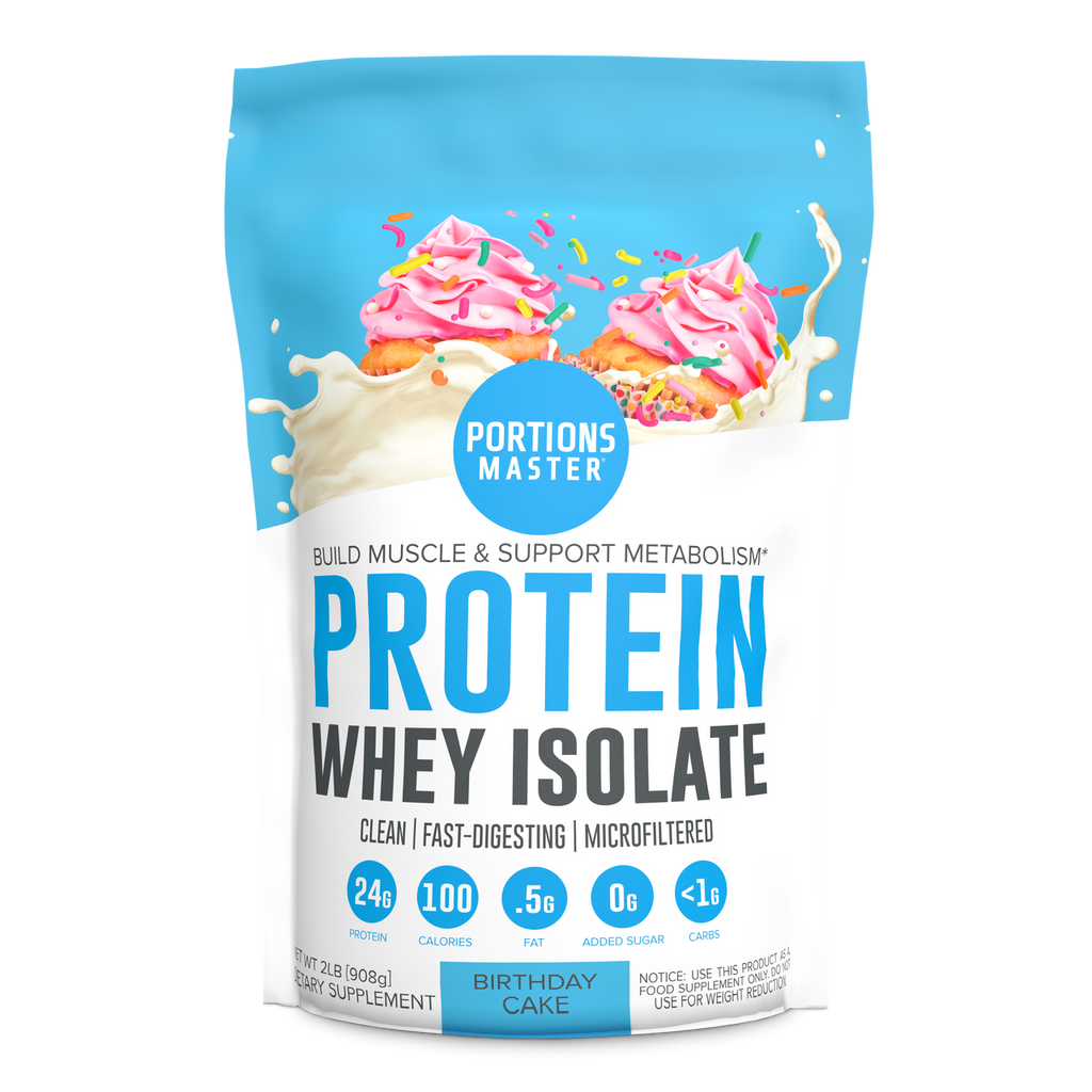 Portions Master Non-GMO Cross-Flow Microfiltration Whey Protein Isolate, Sweetened with Stevia (2 lbs) | Birthday Cake