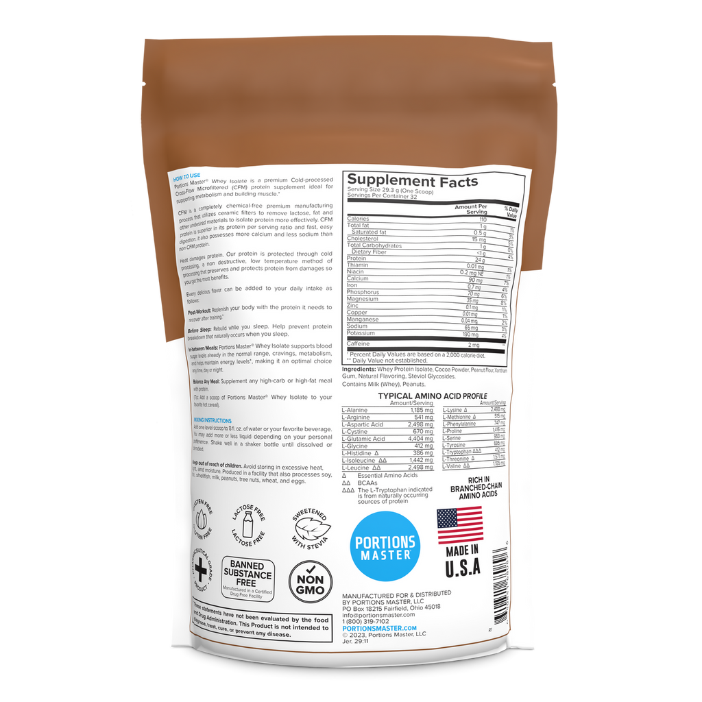 Portions Master Non-GMO Cross-Flow Microfiltration Whey Protein Isolate, Sweetened with Stevia (2 lbs) | Peanut Butter Cup