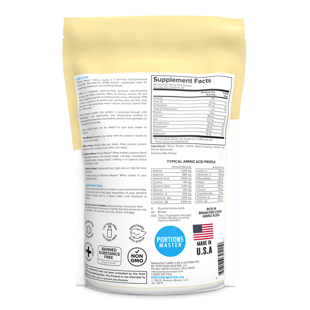 Portions Master Non-GMO Cross-Flow Microfiltration Whey Protein Isolate, Sweetened with Stevia | Vanilla Ice Cream