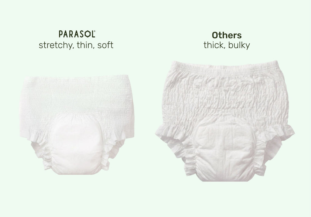 Comparison of Parasol Recovery Care™ Postpartum Underwear and standard postpartum underwear, highlighting Parasol's thin, soft, stretchy design versus the thicker, bulkier fit of traditional alternatives.