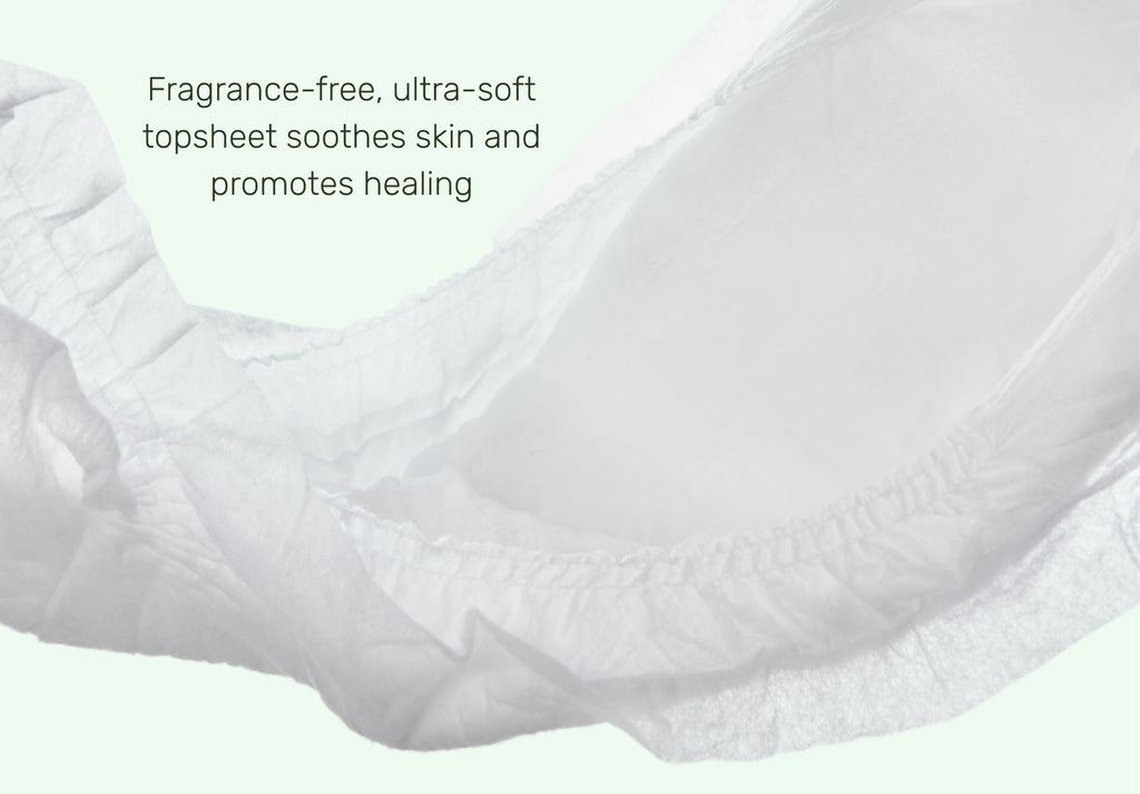 Fragrance-free Recovery Care™ Postpartum Underwear with an ultra-soft topsheet designed to soothe sensitive postpartum skin, support healing, and provide breathable all-day comfort for new mothers.
