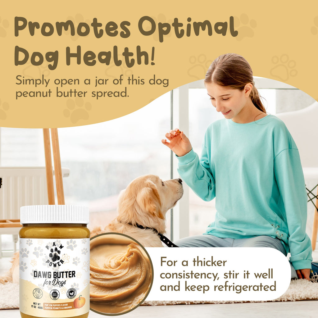 Dog peanut butter spread with a jar, a girl, and a dog on a carpeted floor.