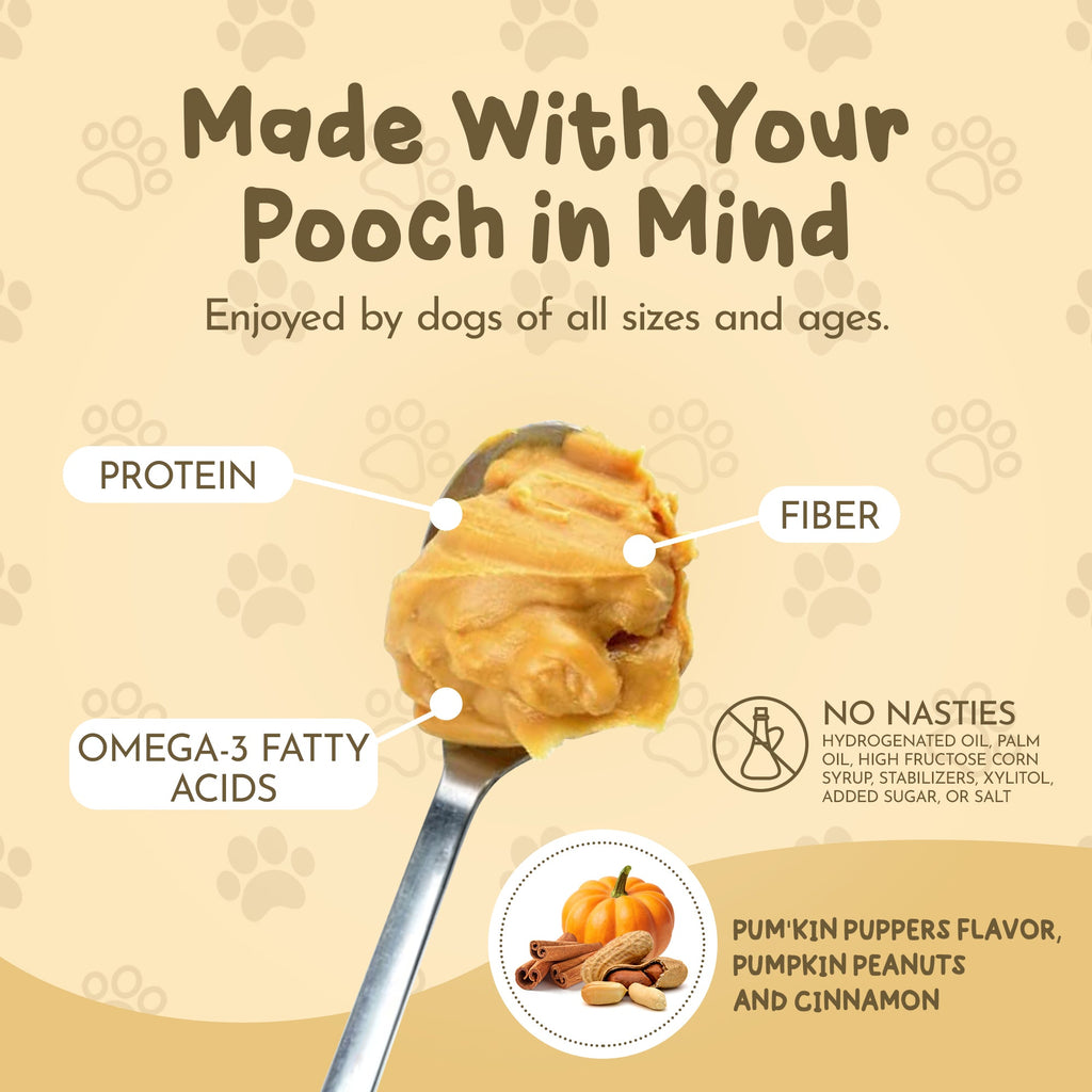 Dog peanut butter treat with protein, fiber and omega-3 fatty acids. Ingredients labeled on a beige background.