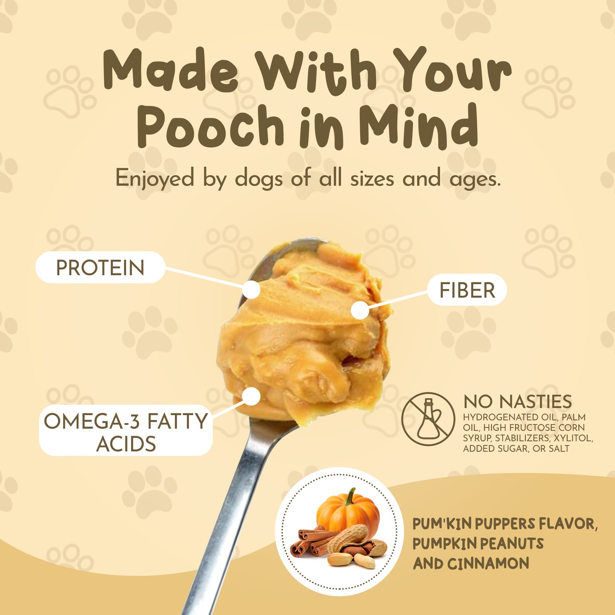 Dog peanut butter treat with protein, fiber and omega-3 fatty acids. Ingredients labeled on a beige background.