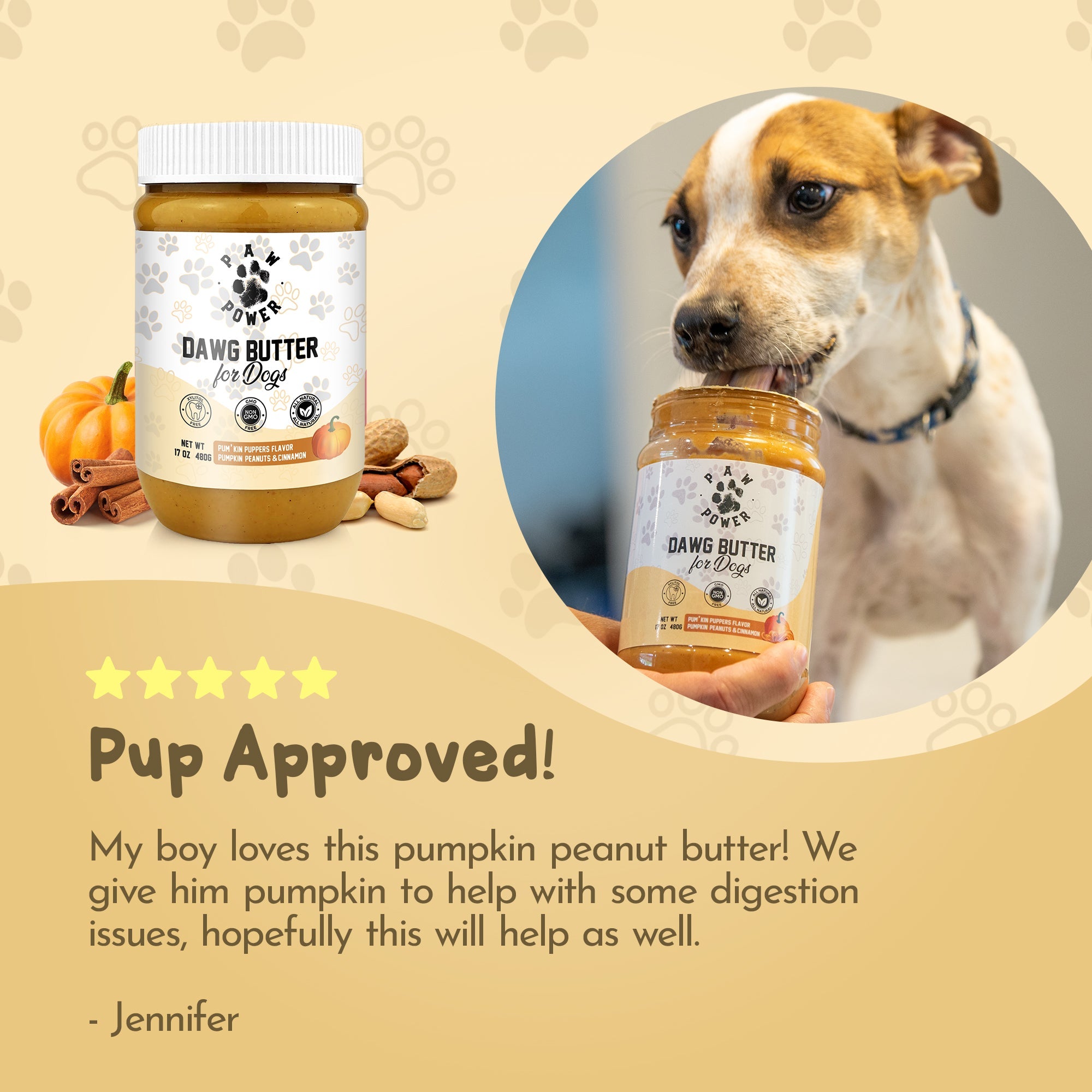 Jar of 'Dawg Butter for Dogs' with a dog holding it, on a beige background with text and images of a dog and pumpkin.
