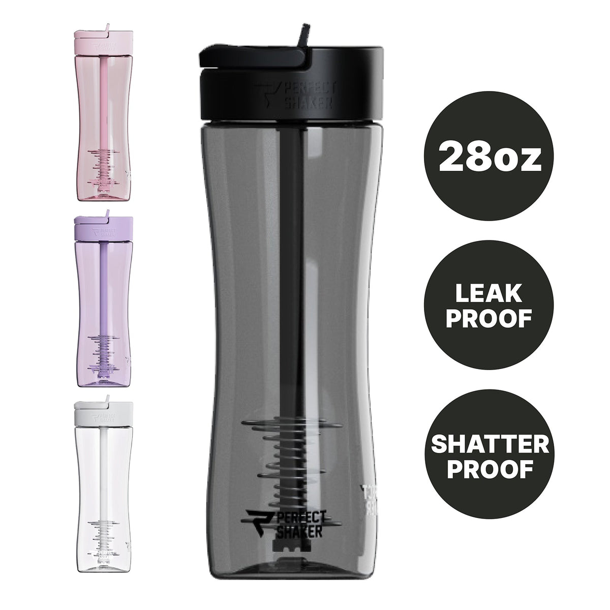 A 28oz shatter-proof shaker bottle in translucent dark gray with a black lid, shown on a white background with three smaller color variants on the left and black circular callouts reading 28oz, LEAK PROOF, and SHATTER PROOF.