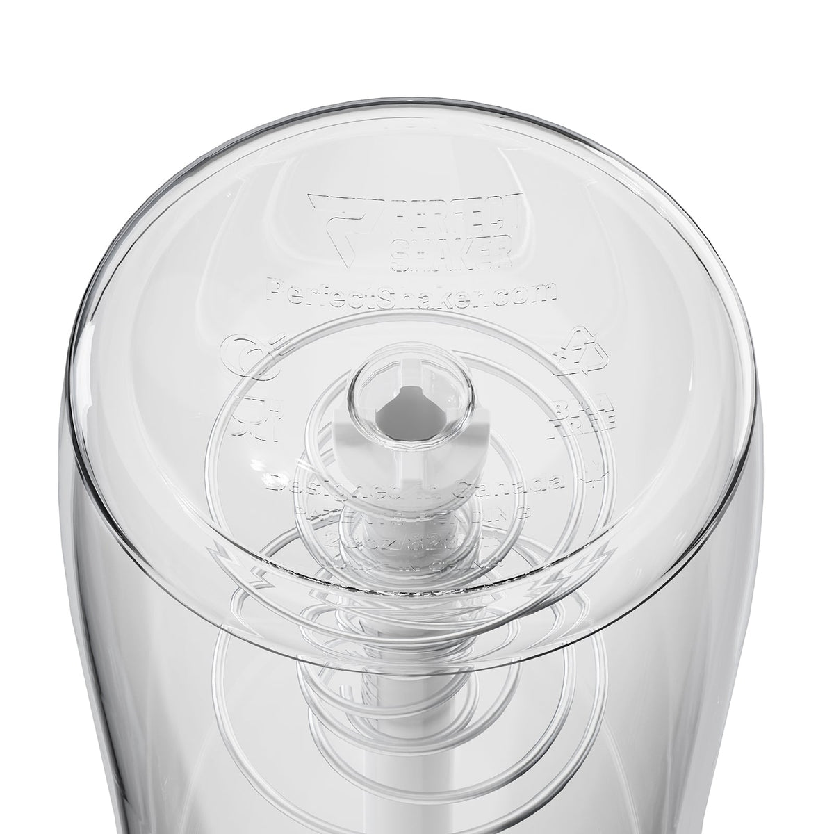 A close-up of a clear plastic lid or insert with embossed branding and product markings, shown on a white background.
