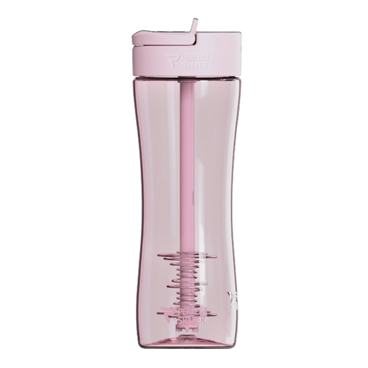 Pink water bottle with a straw on a white background
