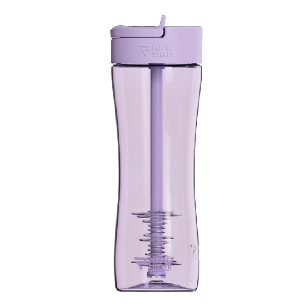Purple water bottle with a clear base on a white background
