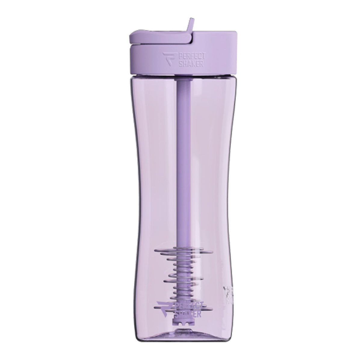 Purple water bottle with a clear base on a white background