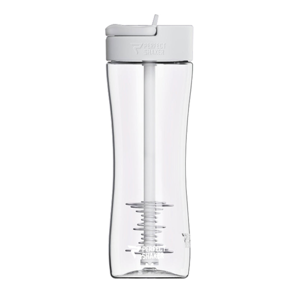 A clear plastic water bottle with a white flip-top lid and a white internal strainer, shown against a plain white background.