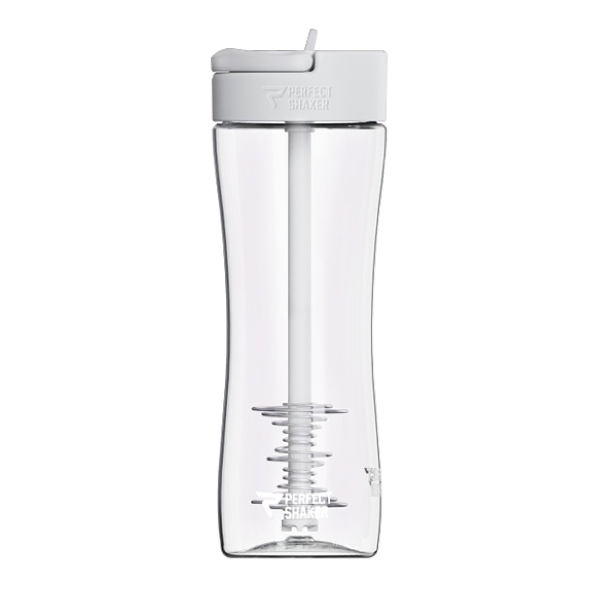 A clear plastic water bottle with a white flip-top lid and a white internal strainer, shown against a plain white background.