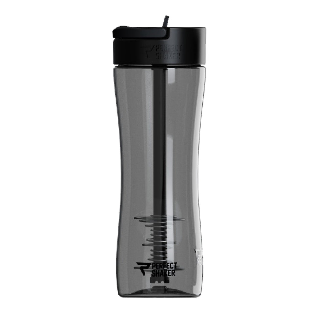 A translucent dark gray Perfect Shaker bottle with a black lid and internal shaker arm, shown on a solid white background.
