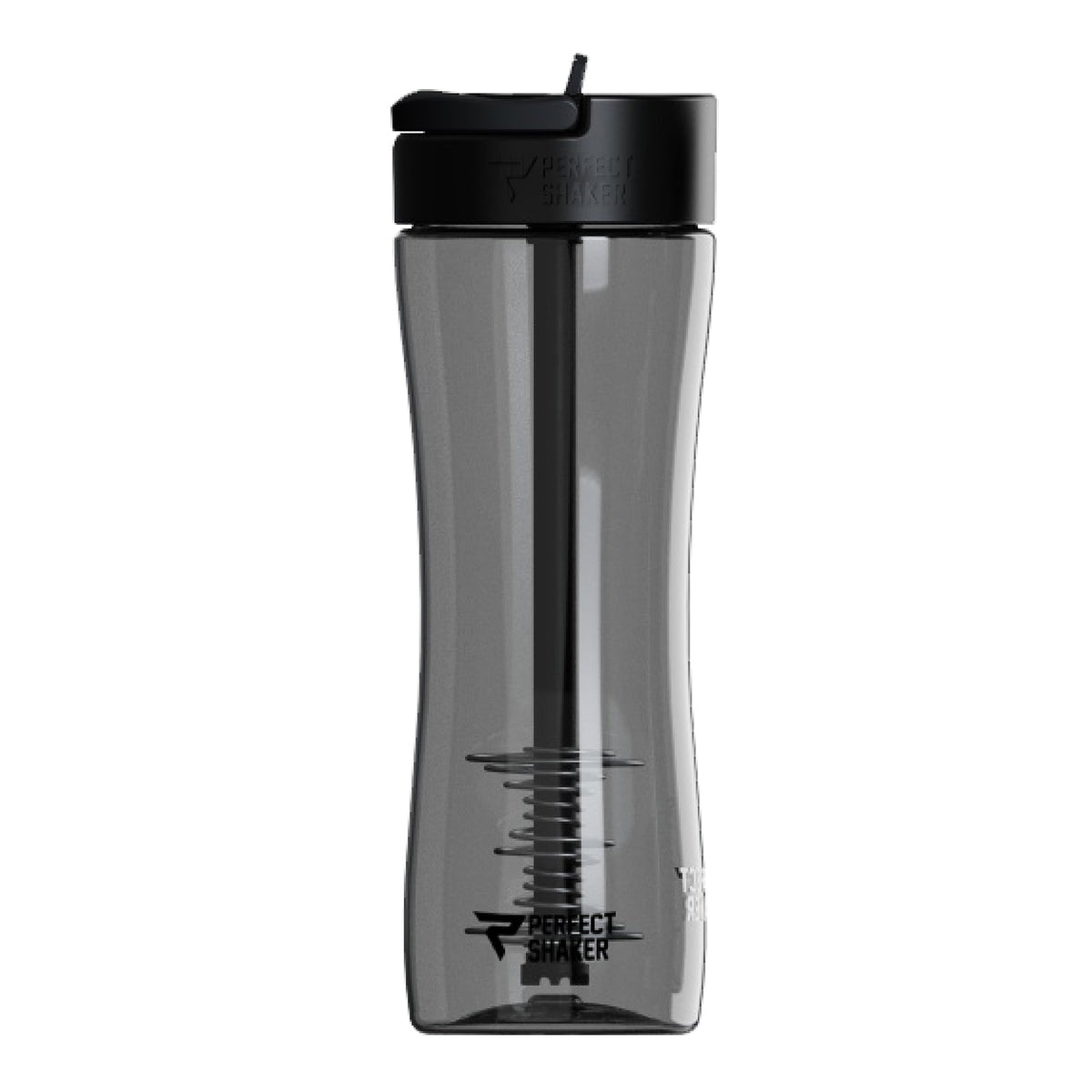 A translucent dark gray Perfect Shaker bottle with a black lid and internal shaker arm, shown on a solid white background.