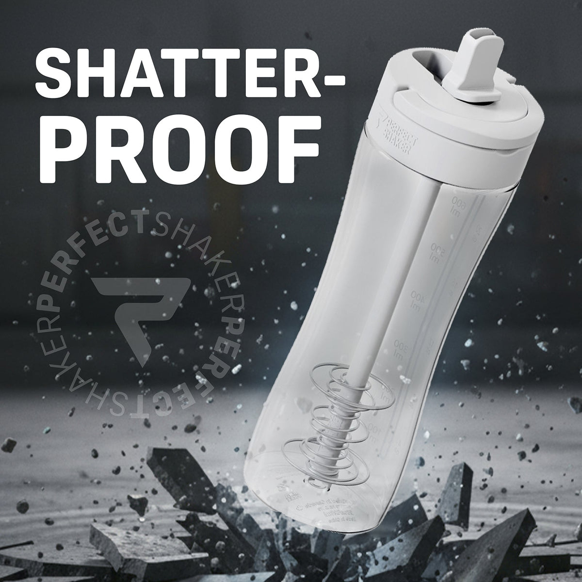 A clear plastic shaker bottle with a white lid and straw, shown at an angle with a large 'SHATTER-PROOF' text overlay and a circular 'SHAKERPERFECT' watermark. The background is dark gray with a dramatic shattered glass effect at the bottom.