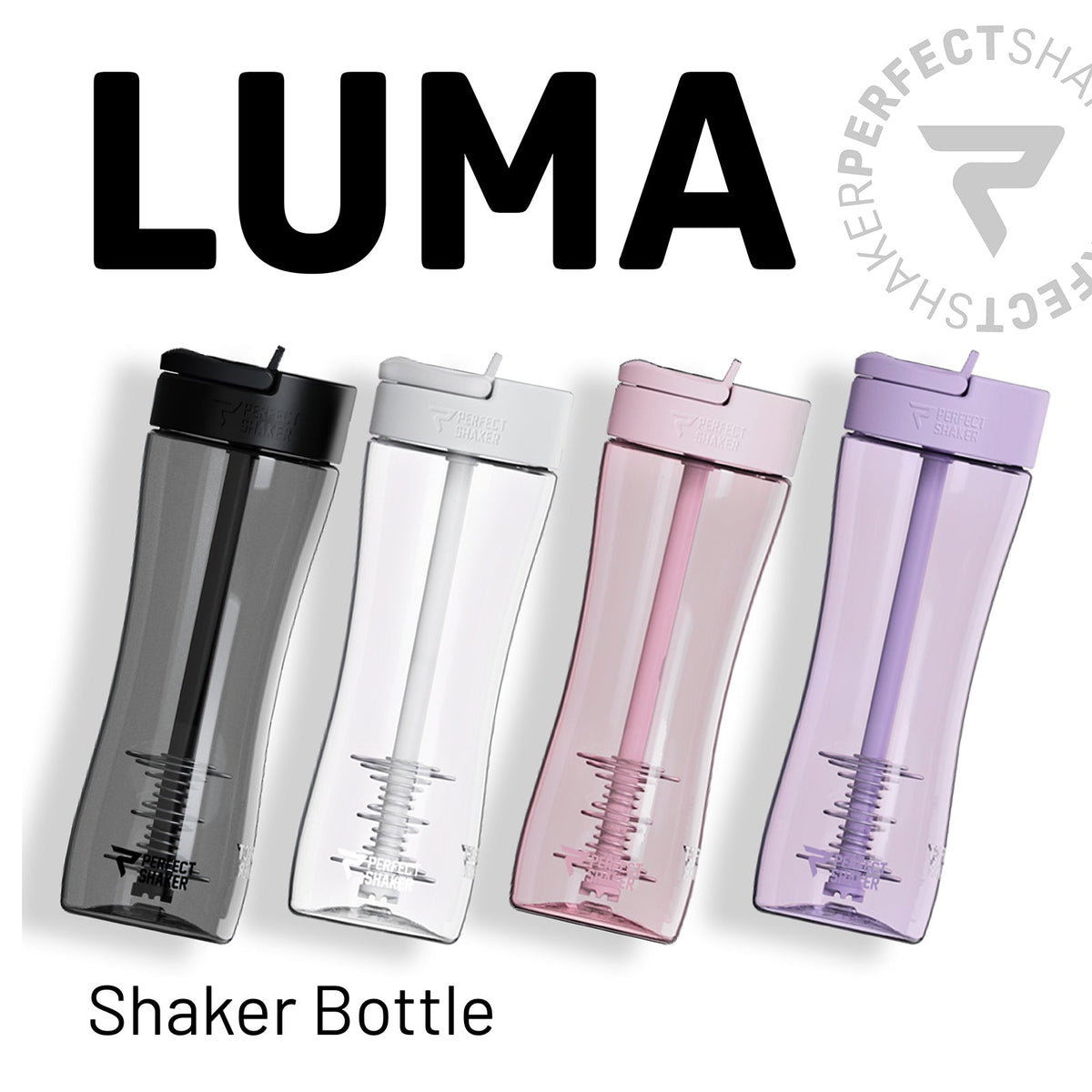 Four LUMA shaker bottles in different colors (black, clear, pink, and purple) lined up on a white background with the brand name LUMA at the top and 'Shaker Bottle' at the bottom.