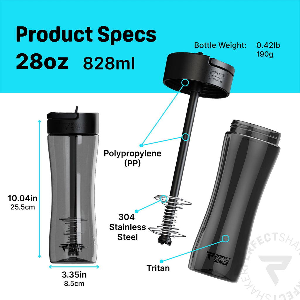 Product specifications diagram for a 28oz (828ml) travel water bottle. The image shows the assembled bottle on the left, the disassembled parts (lid, straw, spring, inner bottle) labeled with text and callouts, and dimensions of the bottle.