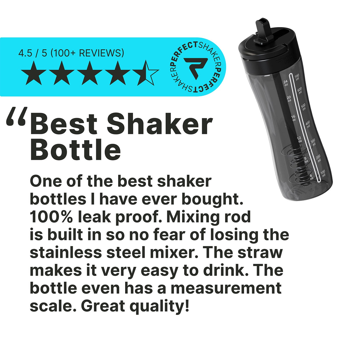 Promotional graphic for a shaker bottle with a 5-star review badge, text calling it the 'Best Shaker Bottle,' and a photo of the bottle on a white background.