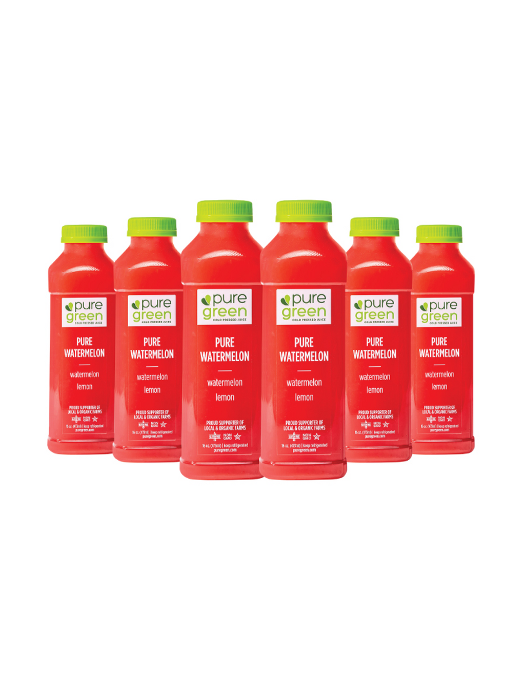 Red bottles of pure green watermelon juice with green caps on a white background. PURE GREEN PURE WATERMELON Cold-Pressed NON-GMO Juice Drink with Lemon, No Added Sugar, Gluten-Free Two ingredient only drink. No Added Sugars, Gluten-Free Juice Drink.