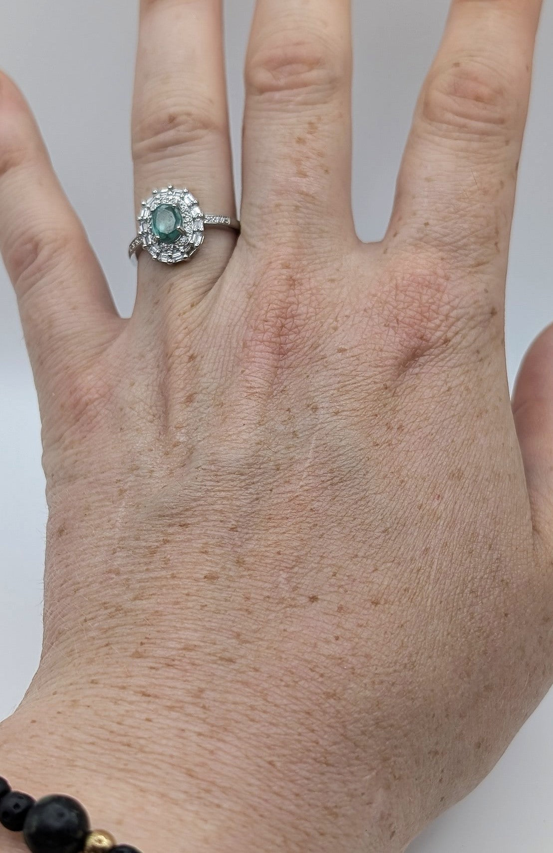 Ring Green Fluorite with White Accent Stones Silver Color Plated Adjustable